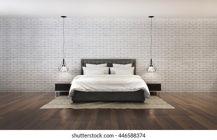 Bedroom And Brick Wall And Wood Floor