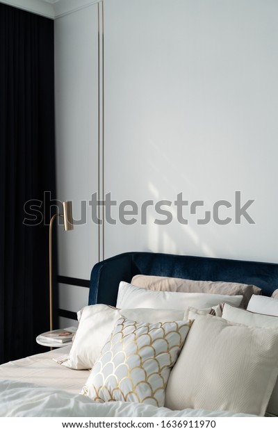 Bedroom Corner Navy Blue Velvet Bed Stock Photo Edit Now 1636911970