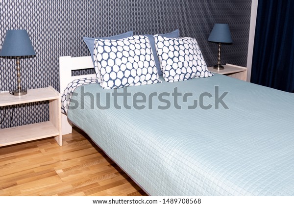 Bedroom Double Bed Nightstand Lamp Blue Stock Photo Edit Now 1489708568