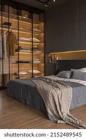 Bedroom And Freestanding Bath Behind A Glass Partition In A Chic Expensive Interior Of A Luxury Home With A Dark Modern Design With Wood Trim And Led Light