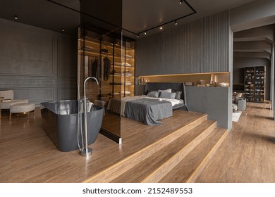 Bedroom And Freestanding Bath Behind A Glass Partition In A Chic Expensive Interior Of A Luxury Home With A Dark Modern Design With Wood Trim And Led Light