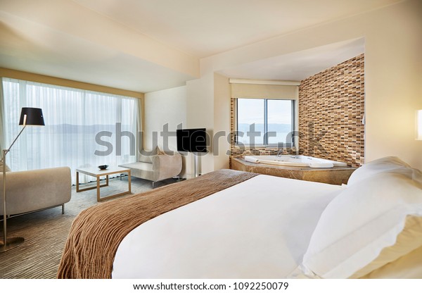 Bedroom Interior Design Concept Modern Lamp Stock Photo