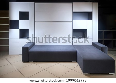 Bedroom interior flat with folded Vertical Murphy Wall Bed, roll-away pull out bed stored into wardrobe with lots of shelves and drawers, minimalist interior design, modern architecture concept.