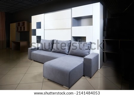 Bedroom interior flat with folded Vertical Murphy Wall Bed roll-away pull out bed stored into wardrobe with lots of shelves drawers and pillow, minimalist interior design, modern architecture concept.
