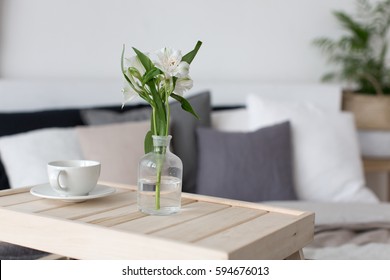 Bedroom Interior With Small Table On Bed