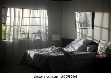 Bedroom Interior With Sunlight Through The Window With Curtains Shade In White Bedding Sheet, Pillow And The Picture After Waking Up In The Morning, Bright Window In Plant Background, Warm And Happy