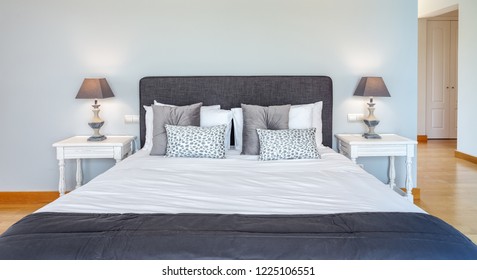 Bedroom In Modern Style With Bed And Pillows. Front View.