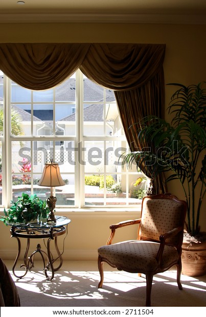 Bedroom Seating Area Sunlight Overlooking Swimming Stock