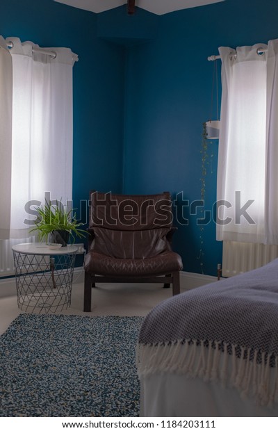 Bedroom Vintage Scandinavian Furniture Teal Walls Stock