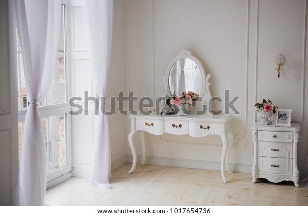 Bedroom White Colors Bed Sofa Dressing Royalty Free Stock Image