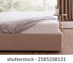 Bedroom with wooden floor and double bed with white mattress and fitted sheet stretched over it. Corner of the mattress is visible. Next to the bed bedside table. Front view photo. Suitable for mockup