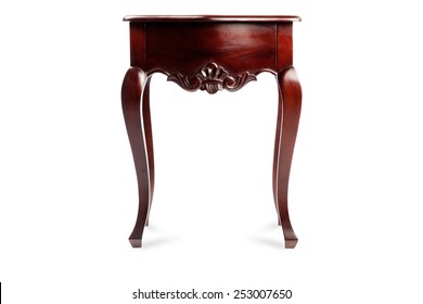 Bedside Table Isolated On A White Background, Wood Carving, Mahogany