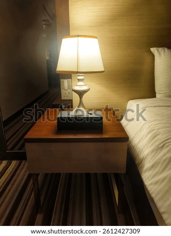 A bedside table, a lamp, and a tissue box create a calm and inviting atmosphere.