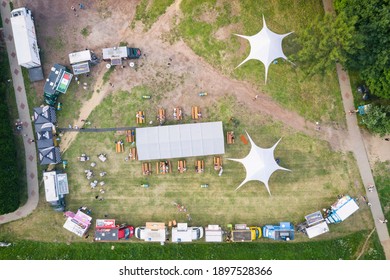 BEDZIN POLAND - 9 SEPTEMBER 2020: Food truck rally, fast food party in bedzin, silesia poland aerial drone photo view