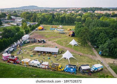 BEDZIN,POLAND - 9 SEPTEMBER 2020: Food truck rally, fast food party in bedzin, silesia poland aerial drone photo view