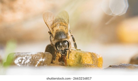 A bee delicately extends its proboscis, drinking from a wet stone. Sunlight creates a soft, golden ambience, emphasizing the bee's fuzzy body and fragile wings