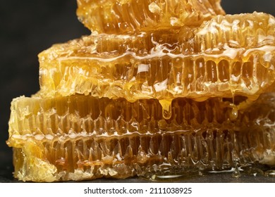 Bee Honeycomb Wax With Honey On Black Background. Honey Dripping From Honey Comb Close Up.