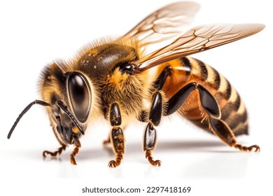 Bee isolated on white background. Close up of honeybee 
