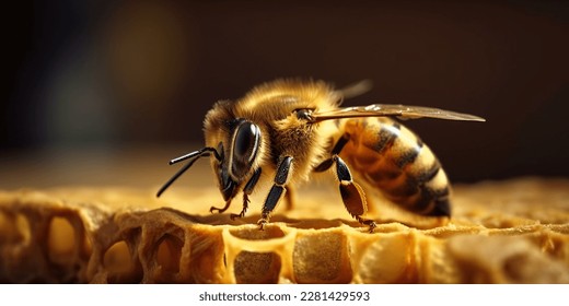 Bee on a honeycomb in a hive. Detailed macro image of a bee collecting honey in a beehive - Powered by Shutterstock