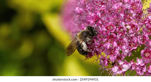 Bee pollinating pink flowers in macro close-up wide blurred copy space background, detailed shot of a bee on floral petals, nature, pollination, ecology, environmental care and biodiversity concept - Powered by Shutterstock