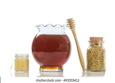 Bee Royal Jelly Pollen In Small Glass Jars With Honey And  In A Kitchen