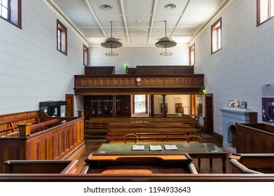 Beechworth, Australia - April 30, 2018: Court Room In The Beechworth Court House, Built In 1858. Ned Kelly Appeared In The Court Multiple Times.