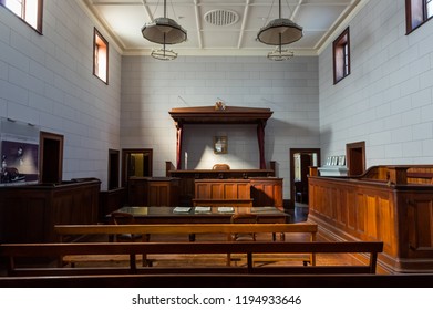 Beechworth, Australia - April 30, 2018: Court Room In The Beechworth Court House, Built In 1858. Ned Kelly Appeared In The Court Multiple Times.