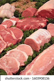 Beef And Assorted Meats In Butcher Case.