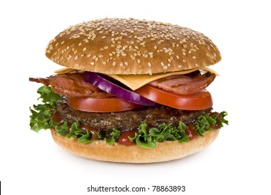 Beef And Bacon Burger Isolated Over White Background