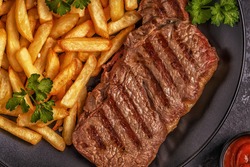 Beef Barbecue Steak With French Fries, Top View.