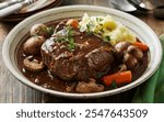 Beef Bourguignon: A slow-cooked beef stew braised in red Burgundy wine with onions, mushrooms, carrots, and aromatic herbs, creating a rich and hearty flavor.