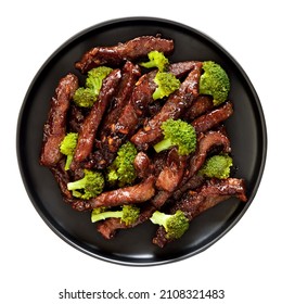 Beef And Broccoli Stir Fry Isolated On White Background. Top View, Flat Lay