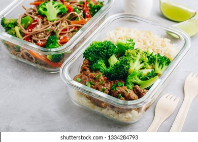 Beef Broccoli Stir Fry Meal Prep Lunch Box Container On Gray Stone Background