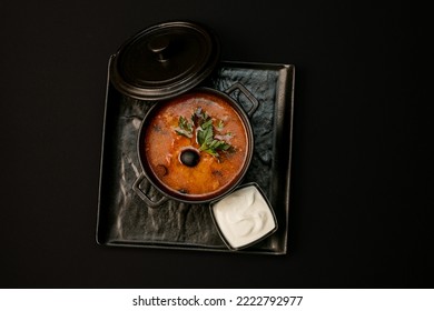 Beef Broth Soup With Vegetables And Sour Cream 