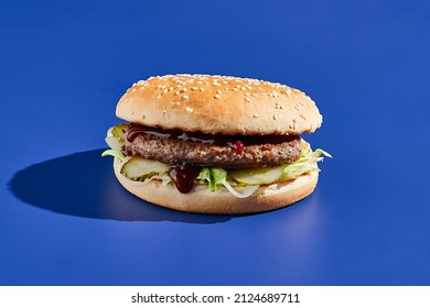 Beef Burger Blue Background Hard Shadow Stock Photo 2124689711 ...