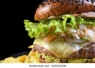 beef burger sandwich with french fries salad and cheese - Shutterstock ID 2233122543