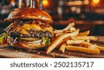 Beef burger stacked with cheese, bacon, and fresh vegetables, accompanied by a glass of beer, captured in a restaurant setting, showcasing a delicious meal composition.