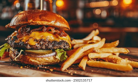 Beef burger stacked with cheese, bacon, and fresh vegetables, accompanied by a glass of beer, captured in a restaurant setting, showcasing a delicious meal composition.