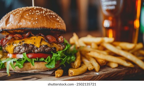 Beef burger topped with cheese, bacon, and fresh vegetables, accompanied by a glass of beer, shot from an angled perspective, showcasing a hearty meal presentation. - Powered by Shutterstock