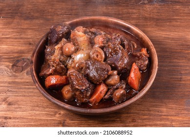 Beef Burgundy With Champignons In A Bowl, Close-up