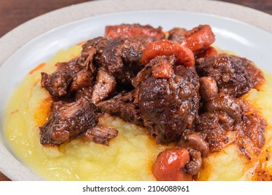 Beef Burgundy With Mashed Potatoes, Serving In A Plate, Close-up