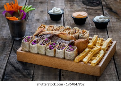 Beef And Chicken Shawarma Sandwich Plate With Fries And Kobeba