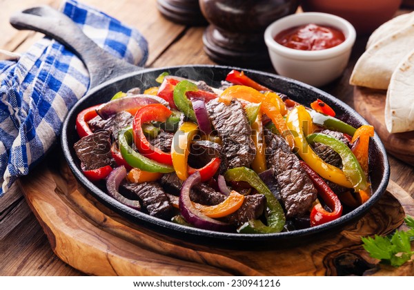 Beef Fajitas Colorful Bell Peppers Pan Stock Photo (Edit Now) 230941216