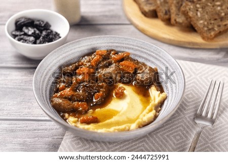 Beef goulash with mashed potatoes. food photo