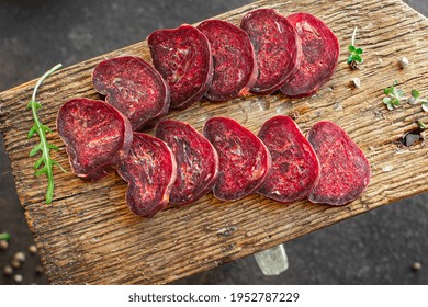 beef jerky sausage dry veal spicy mahan dry-cured horse meat snack healthy meal top view copy space food background 