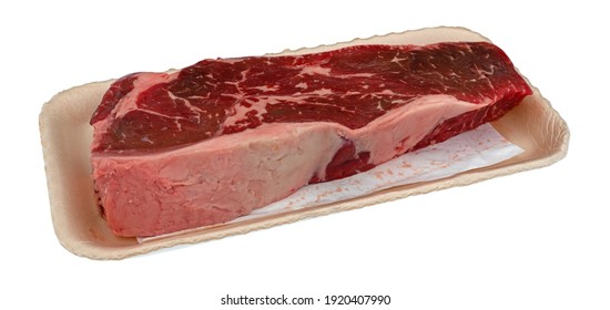 Beef Loin Boneless End Cut Strip Steak On A Foam Tray Side View.