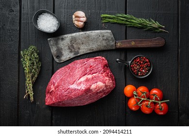 Beef Meat Cut Raw Set With Old Butcher Cleaver Knife, On Black Wooden Table Background, Top View Flat Lay