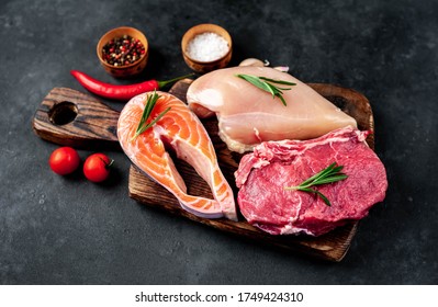 Beef Meat, Salmon Fish Steak And Chicken Breast On A Concrete Background. Raw Food.