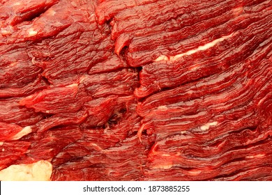 Beef Meat Texture, Close-up. Macro Shot Of The Texture Of The Meat Of A Bull, Bison, Cow. Buffalo Fillet Close-up, Top View. Piece Of Beef For A Steak. Fresh Raw Piece Of Beef. Piece Of Fresh Beef.