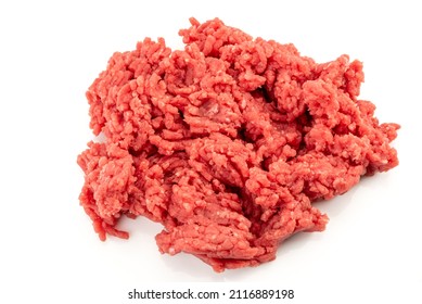 Beef Mince Meat Isolated On White, Raw Minced Meat In Close-up In Top View